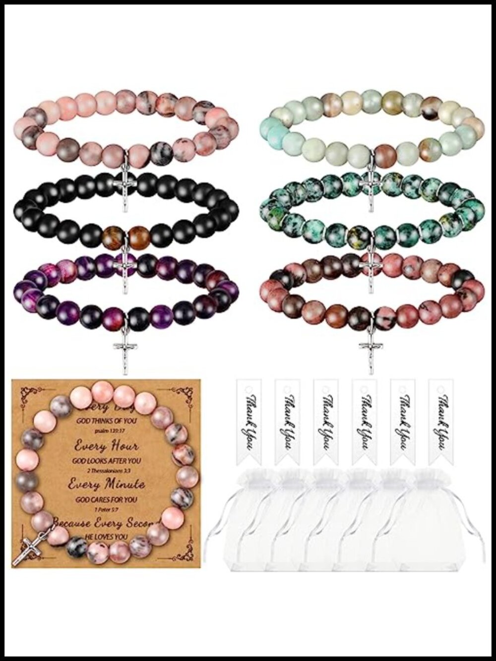 6 Pc Natural Agate Stone Cross Bracelet Set Religious Christian Gift Women Men